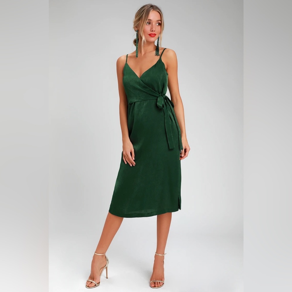 Lulu’s Fall In Love Forest Green Satin Midi Wrap Dress